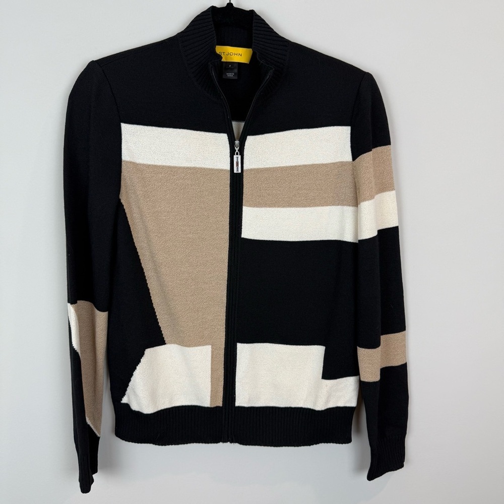 St. John Wool Blend Color Block Tan White Black Zip Up Mockneck Cardigan Sz S